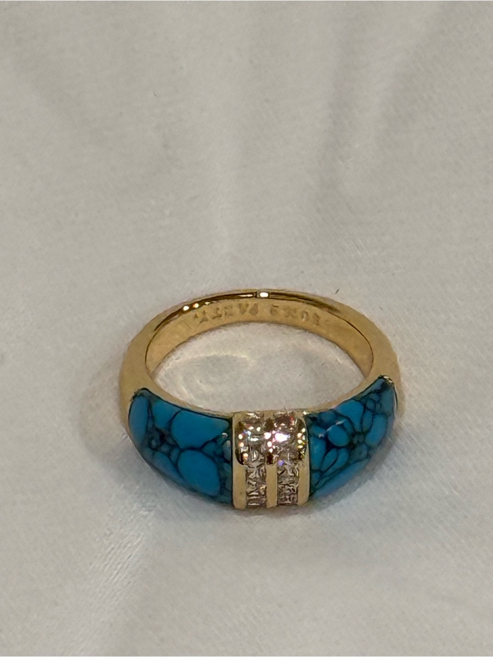 Gold-Tone Turquoise Inlay Ring with Clear Accents - Picture 3 of 7